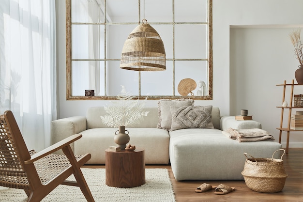 Stilvolles Interieur des Wohnzimmers mit modularem Design-Sofa, Möbeln, Couchtisch aus Holz, Rattan-Dekoration.