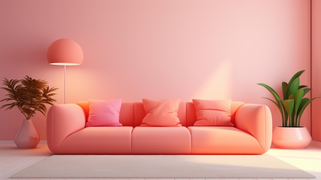 Stilvolles minimalistisches monochromes Interieur des modernen Wohnzimmers in pastellorange- und rosa Tönen