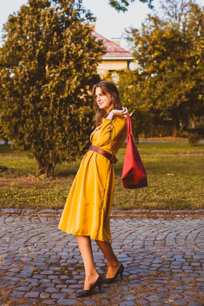 Stilvolles Modemädchen, das im Herbst geht. Frau trägt Modekleid und hält rote trendige Handtasche