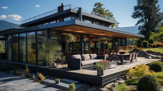 Stilvolles, modernes Äußeres einer Luxusvilla, eines Glashauses am Berghang. Beeindruckende Aussicht auf die Berge von der Veranda einer modernen Residenz