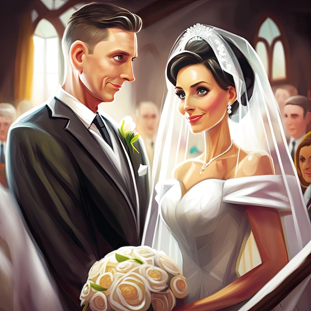 Stilvolles Paar mittleren Alters bei der Hochzeitszeremonie. Glückliche Zeichentrickfiguren im Hochzeitskleid. AI-generierte Illustration. Mann und Frau im Brautkleid heiraten Mann und Frau bei der Hochzeit