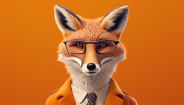Stilvolles Porträt eines imposanten, anthropomorphen, hübschen Fuchses mit Brille