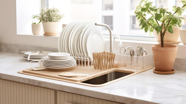 stilvolles sauberes Geschirr auf der Küchenplatte