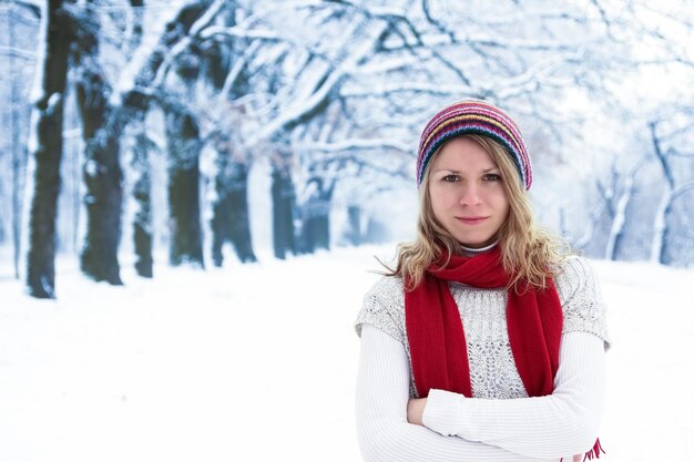 Stilvolles schönes Mädchen im Winter in einem Park auf dem Naturhintergrund