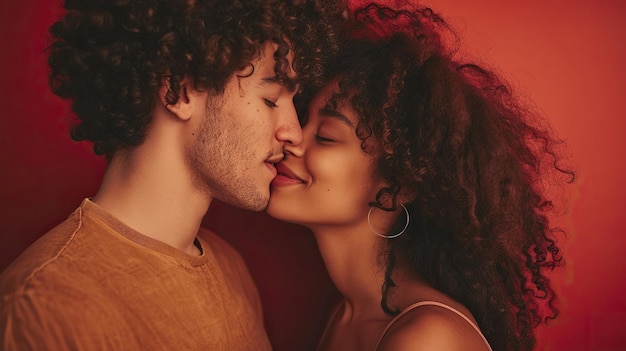 Stilvolles, schönes Paar, das sich auf rotem, nebligem Hintergrund küsst