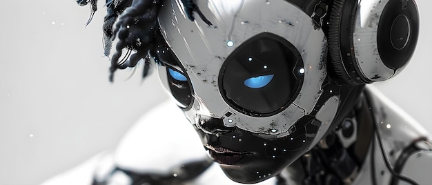 Foto stilvolles schwarz-weiß-animeinspirierter charakter mit blauen augen konzept anime-charakterdesign stilvolle outfits schwarze und weiße farbschema blaue augen kreative posen