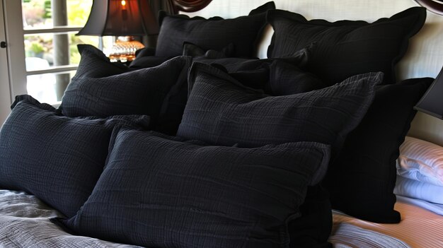 stilvolles schwarzes Bett für zwei Personen in einem modernen hellen Schlafzimmer mit schwarzer Decke und Kissen