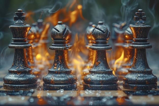Stilvolles schwarzes Schach steht auf einem Schachbrett und ein Feuer brennt in der düsteren Umgebung