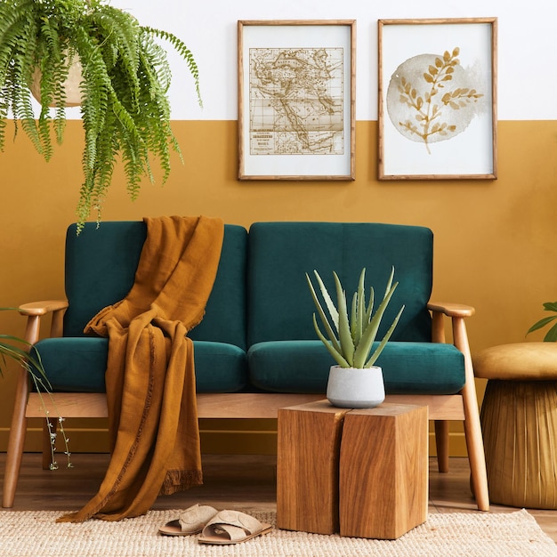 Stilvolles skandinavisches Interieur des Wohnzimmers mit Design-Sofa aus grünem Samt, goldenem Puff, Holzmöbeln, Pflanzen, Teppich, Würfel und Posterrahmen. Vorlage.