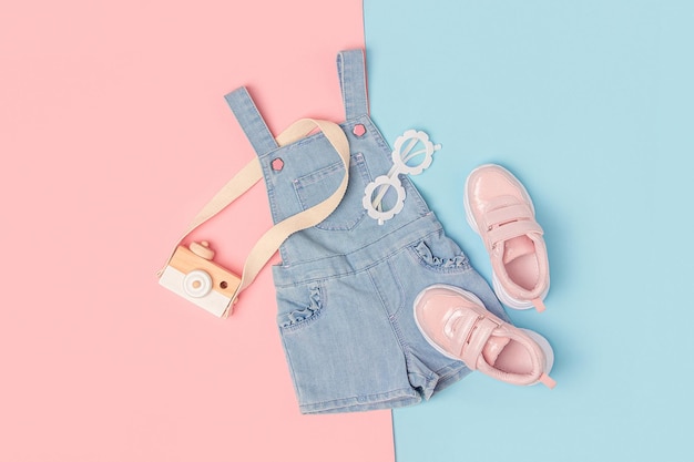 Stilvolles Sommerset mit Kinderkleidung Denim-Jumpsuit rosa Turnschuhe und Accessoires auf rosa-blauem Hintergrund Fashion Girl Lookbook-Konzept Draufsicht Flache Lage