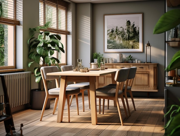 Stilvolles und botanisches Interieur des Esszimmers mit Design-Holztischstühlen von Generative AI