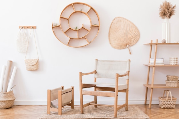 Stilvolles und gemütliches Interieur des Wohnzimmers mit Rattan-Accessoires, Design-Sessel, Blumen in Vase und Holzregal. Koreanischer Stil der Wohnkultur.