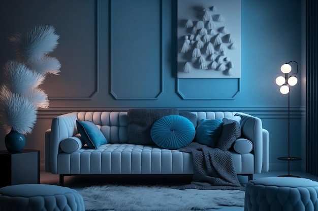 Stilvolles und modernes blaues Wohnzimmer mit modernem Sofa und Ornamenten Generative ai Innenarchitektur