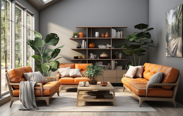 Stilvolles Wohnzimmer in orangefarbener Farbe mit grünen Zimmerpflanzen, Sofas, Büchersteck und Holzschreibtisch