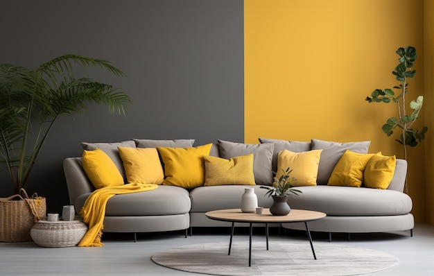 Stilvolles Wohnzimmer in orangefarbener Farbe mit grünen Zimmerpflanzen, Sofas, Büchersteck und Holzschreibtisch