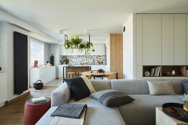 Stilvolles Wohnzimmer-Interieur mit Sofa und Accessoires Minimalistischer Stil und Pflanzenliebe-Konzept