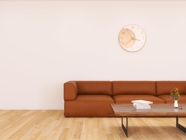 Stilvolles Wohnzimmer mit bequemer Sofauhr und Couchtisch 3D-Rendering