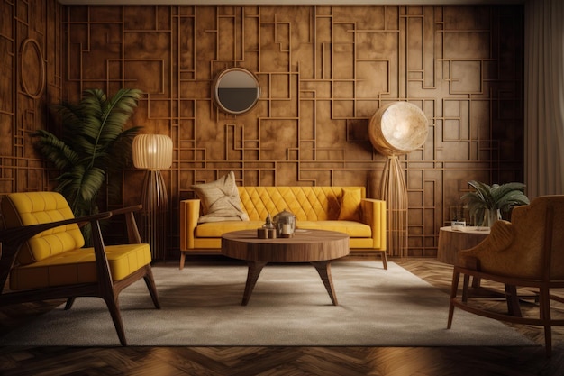 stilvolles Wohnzimmerinterieur mit geometrischen Holzplatten