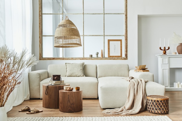 Stilvolles Wohnzimmerinterieur mit modularem Designsofa und eleganten Accessoires in moderner Wohnkultur