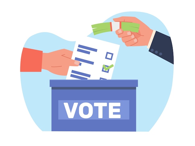 Stimmenkauf durch politische Kandidaten Wahlkorruption Bestechung im Wahlprozess Politiker hält Geld und Wähler hält Stimmzettel Cartoon flacher Stil isolierter Vektorkonzept