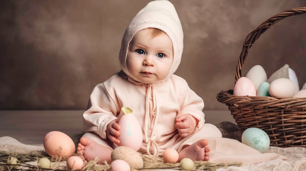 Stimmung und bemalte Eier, KI-gemachtes Babybild