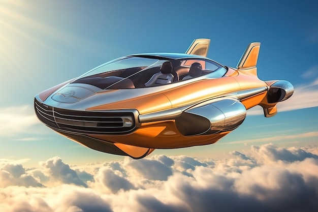 Stimmungsvolle Szene mit einem futuristischen fliegenden Auto, das durch den Himmel schwebt