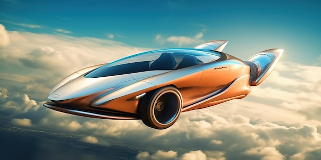 Stimmungsvolle Szene mit einem futuristischen fliegenden Auto, das durch den Himmel schwebt