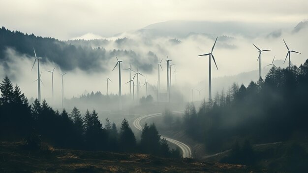 Stimmungsvolle Waldbilder von Windkraftanlagen im Nebel