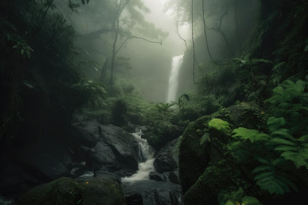 Stimmungsvoller Wasserfall, umgeben von üppigem Grün und nebliger Atmosphäre, geschaffen mit generativer KI