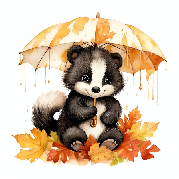 Stinktier im Herbst unter Regenschirm