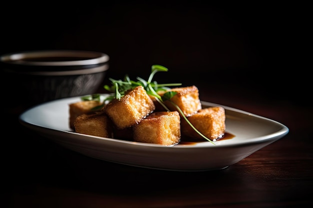 Stir Fried Tofu Gesundes veganes chinesisches Essen Würfel frittierte Tofu-Würfel auf dunklem Hintergrund Abstract Generative KI-Illustration