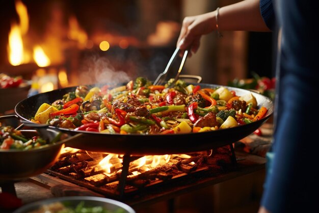 Stir fry disfrutado por un grupo diverso de personas en un restaurante