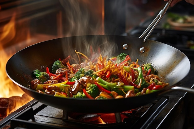 Stirfry sendo cozido em um mercado de comida de rua tailandês