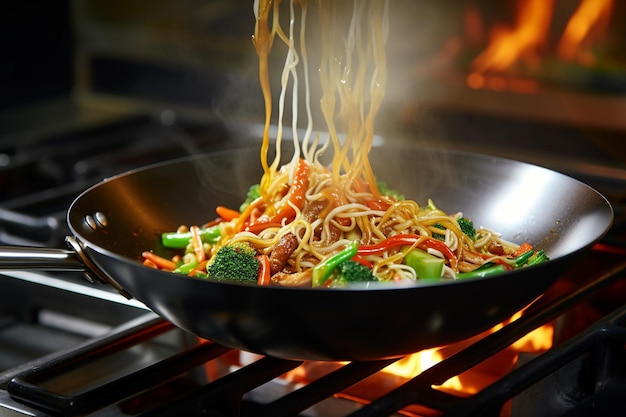 Stirfry sendo cozido em um mercado de comida de rua tailandês