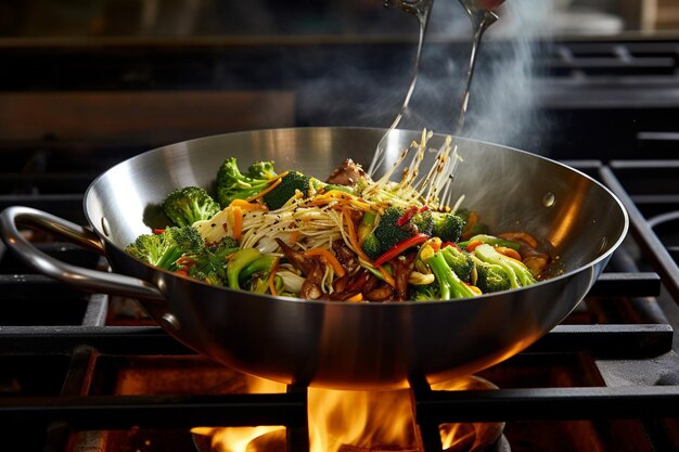 Stirfry siendo cocinado en un mercado de comida callejera tailandés