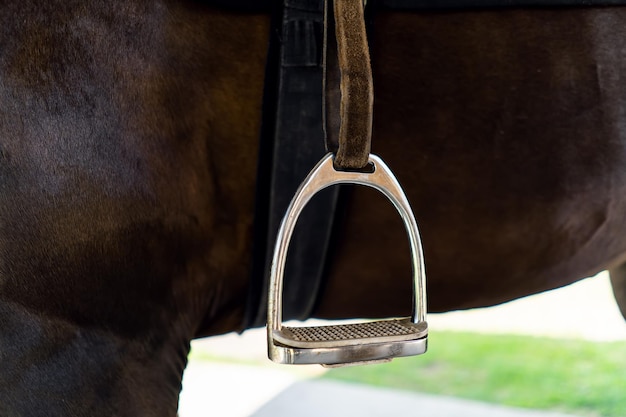 Foto stirrup auf dem hintergrund eines pferdes in nahaufnahme