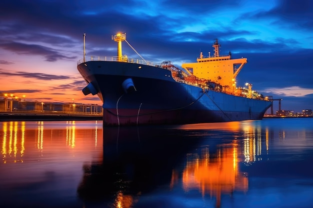 Stock-Foto eines Öltankers, der in einem Offshore-Dock mitten im Meer angedockt ist. Generative KI