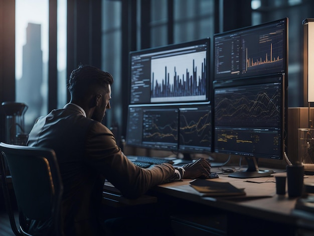 Stock Market Day Trader trabajando en computadora con estación de trabajo MultiMonitor con inversión en tiempo real