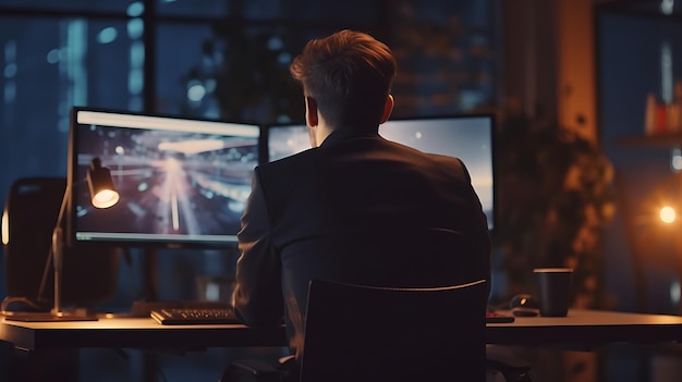 Stock Trader Man que usa varios monitores mientras trabaja de noche Vista posterior Creado con tecnología de IA generativa