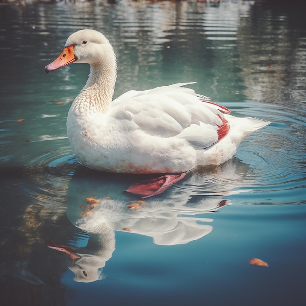 Stockfoto einer schönen und friedlichen Ente, die in einem See schwimmt