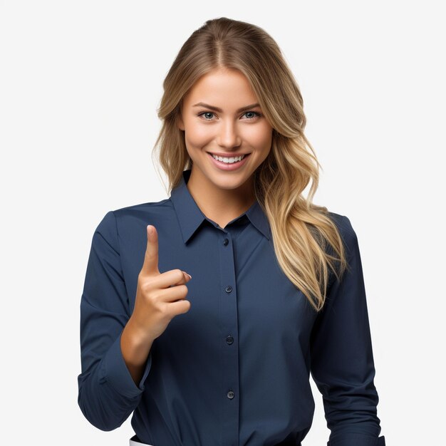 Stockfoto einer skandinavischen Geschäftsfrau mit einem aufrechten Zeigefinger