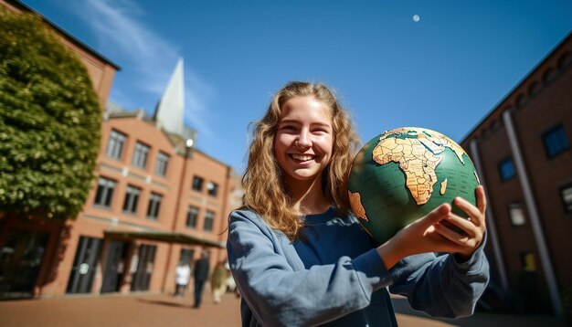 Foto stockfoto eines 18-jährigen mädchens auf eurotrip, das glücklich und lachend eine weltkarte in den händen hält