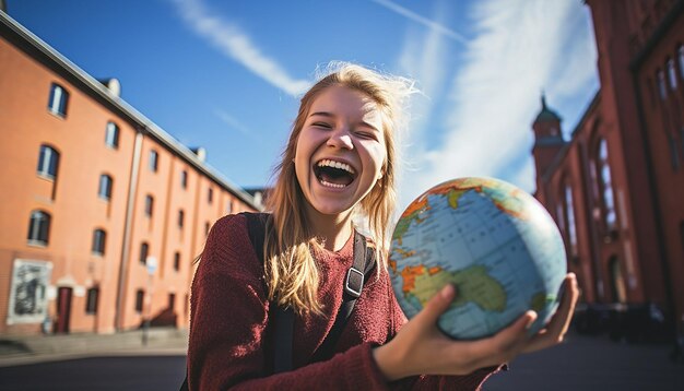 Foto stockfoto eines 18-jährigen mädchens auf eurotrip, das glücklich und lachend eine weltkarte in den händen hält