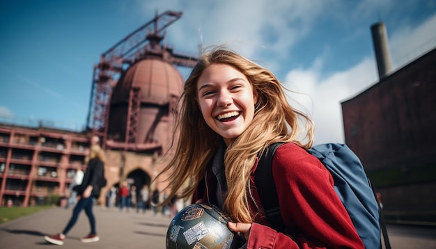 Foto stockfoto eines 18-jährigen mädchens auf eurotrip, das glücklich und lachend eine weltkarte in den händen hält