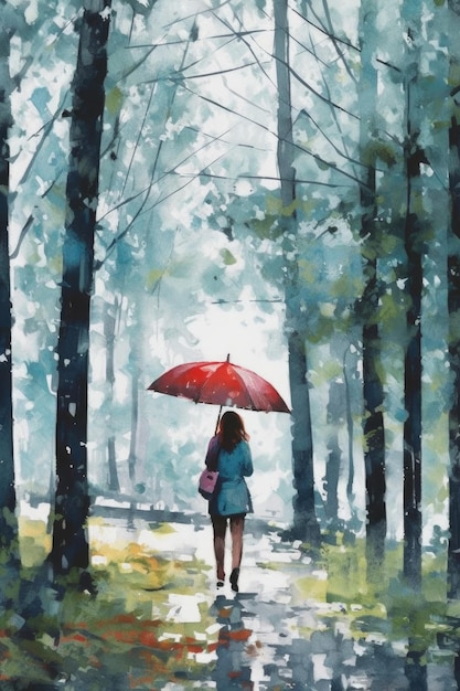 Stockfoto eines Gemäldes einer Frau, die im Regen durch einige Bäume geht