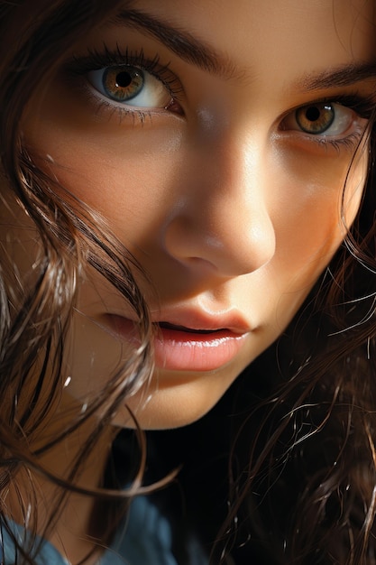 Stockfoto Nahaufnahme einer jungen Frau mit dunkelbraunem Haar und blauem Augen-Make-up