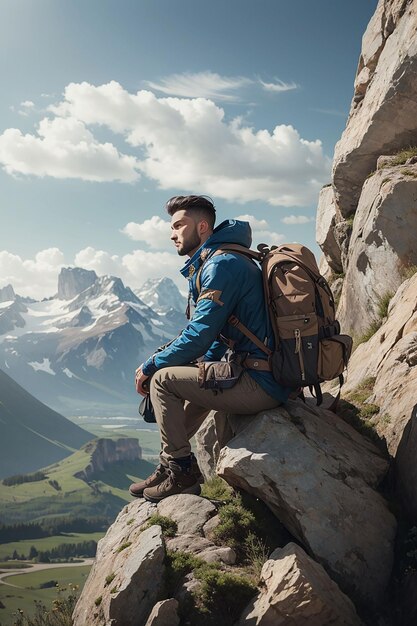 Stockfotografie eines attraktiven blonden Mannes mit einer Bergtasche