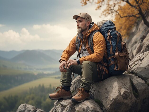 Stockfotografie eines attraktiven blonden Mannes mit einer Bergtasche