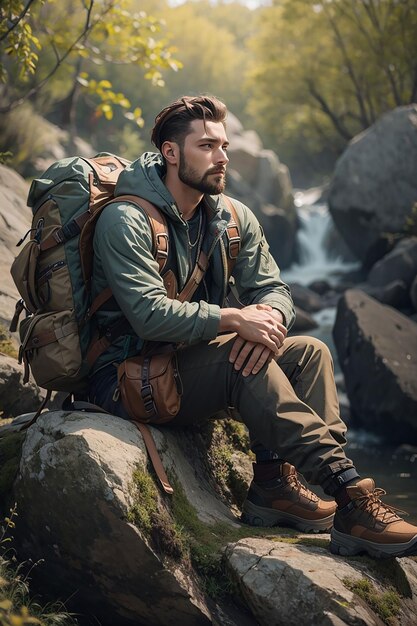 Stockfotografie eines attraktiven blonden Mannes mit einer Bergtasche