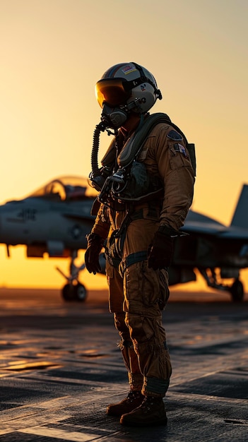 Stockfotografie eines F-18-Kampfflugzeugpiloten, der sein Flugzeug bei Sonnenuntergang verlässt